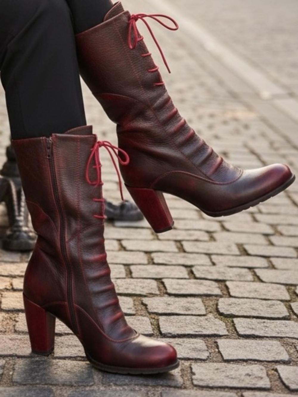 DKODE Red Leather Slouchy Mid Calf Ruched 10” Boots + 3” Heels w. Side Zips